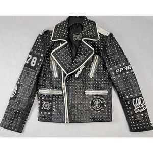New studded Genuine Leather I wear a ladies S. fits more like Med-Large. So cool